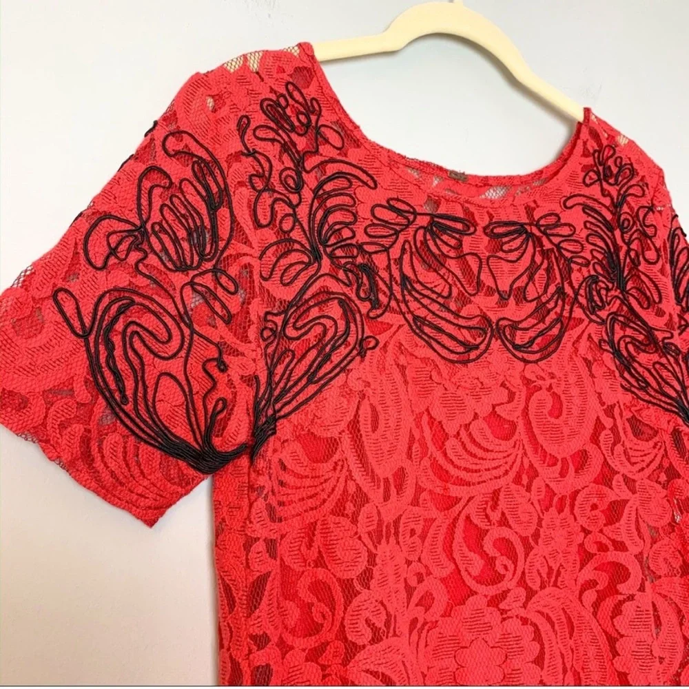 Free People‎ Lace Dreamer Dress Red black Embroidered Boho short sleeve